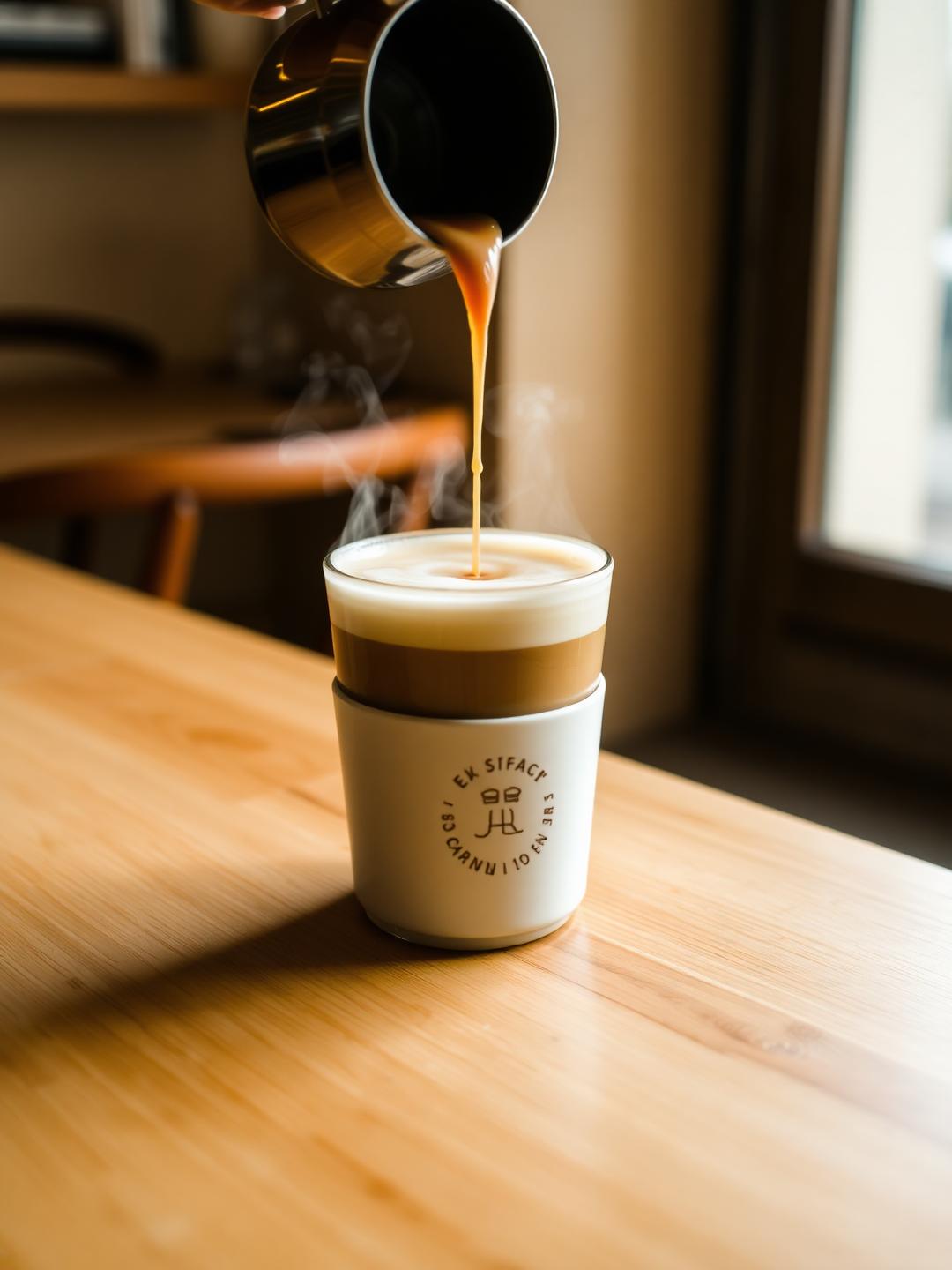 Caramel latte with cold foam poured into a ceramic cup at Das Kaffee Haus